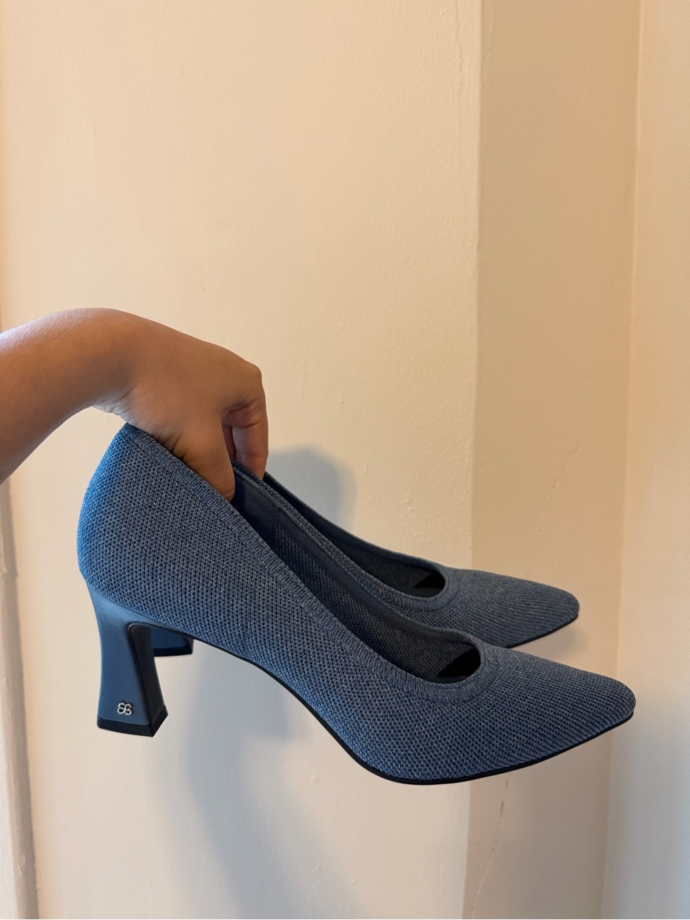 Blue Knit Pointed-Toe Mid Heel Pumps